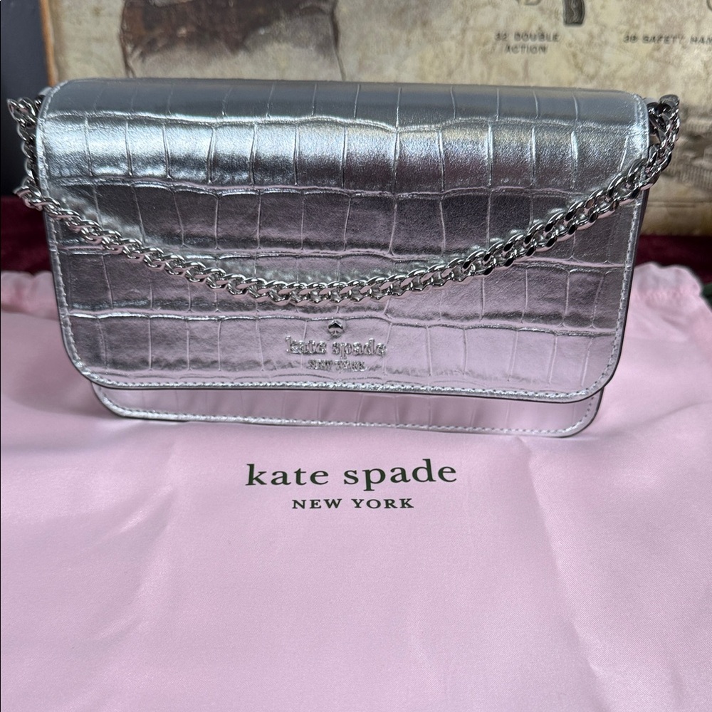 NWT‎ Kate Spade Silver Croc-Embossed Metallic Crossbody With Silver Chain Clutch